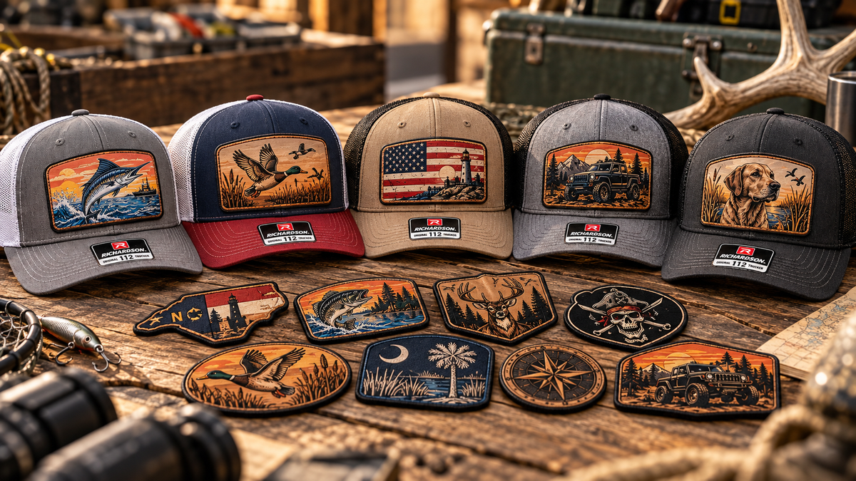 Custom patch examples shown on Richardson 112 style hats