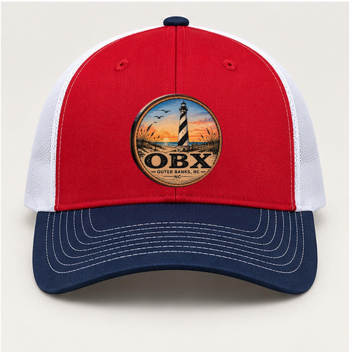 OBX Large Patch #2 on Red / White / Navy hat