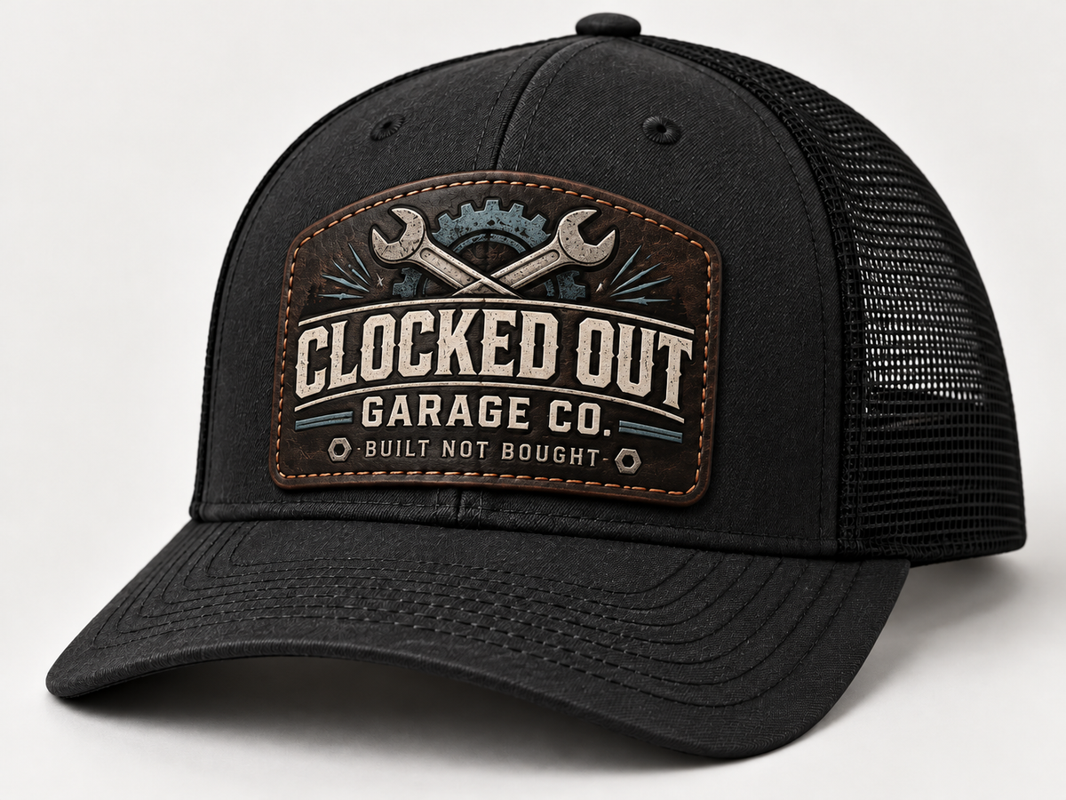 Clocked Out Garage Co leather patch trucker hat