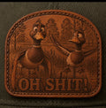 Close-up of a finished custom leather-look hat patch