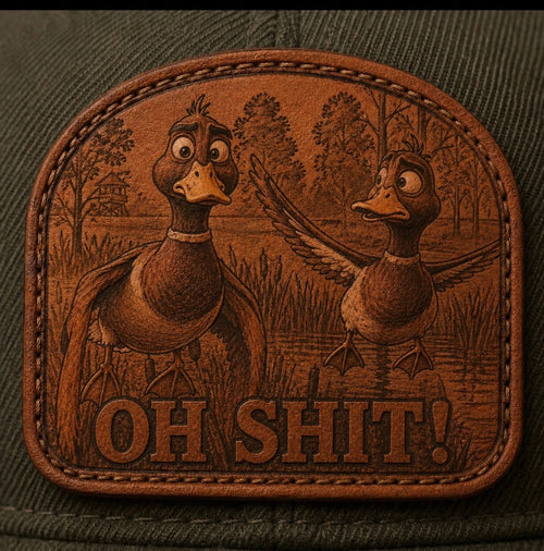 Close-up of a finished custom leather-look hat patch